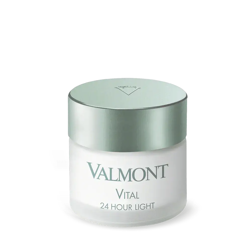 Valmont Vital 24 Hour Light Cream — face care jar with sage green lid