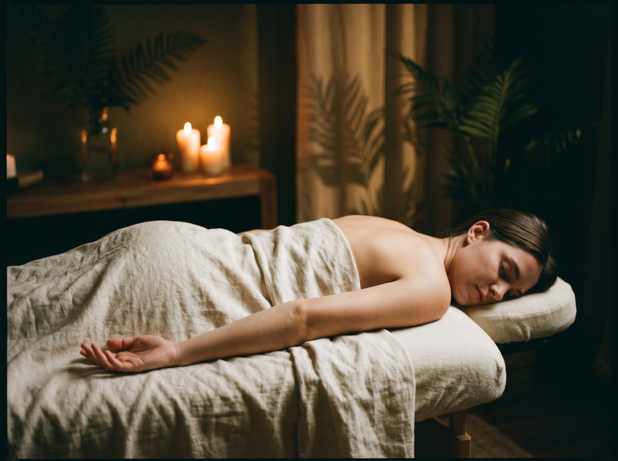 Tibetan singing bowl bath — meditative atmosphere, golden light